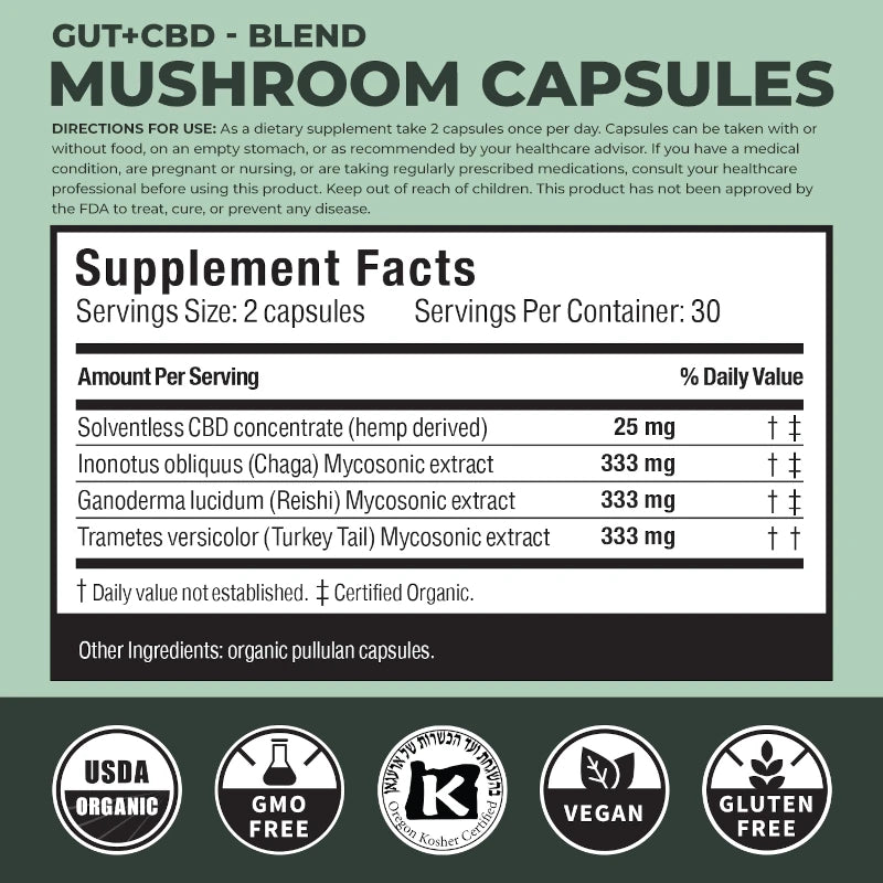 Supplement label for mushroom capsules with CBD with supplement facts and certification logos on a green background.