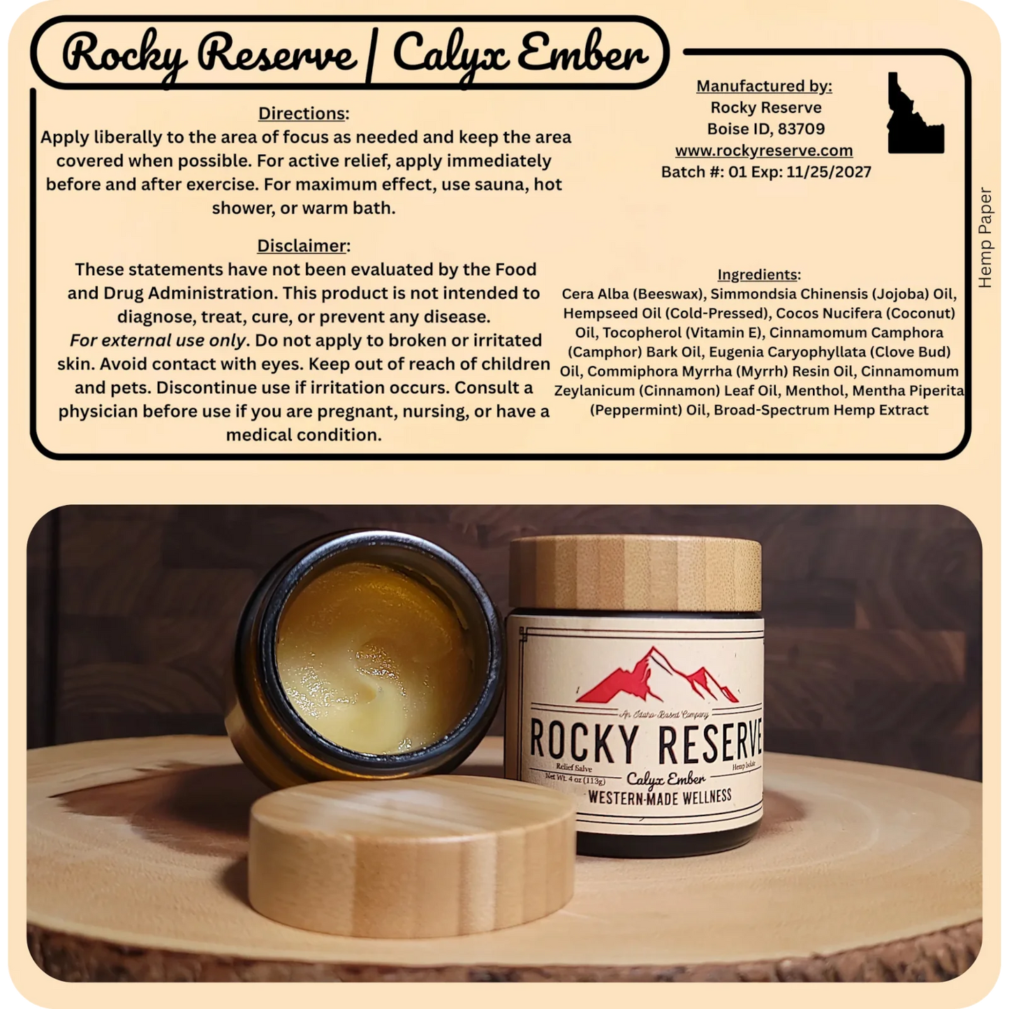 Rocky Reserve Calyx Ember product label with jar, container, and wooden lid on a wooden surface.