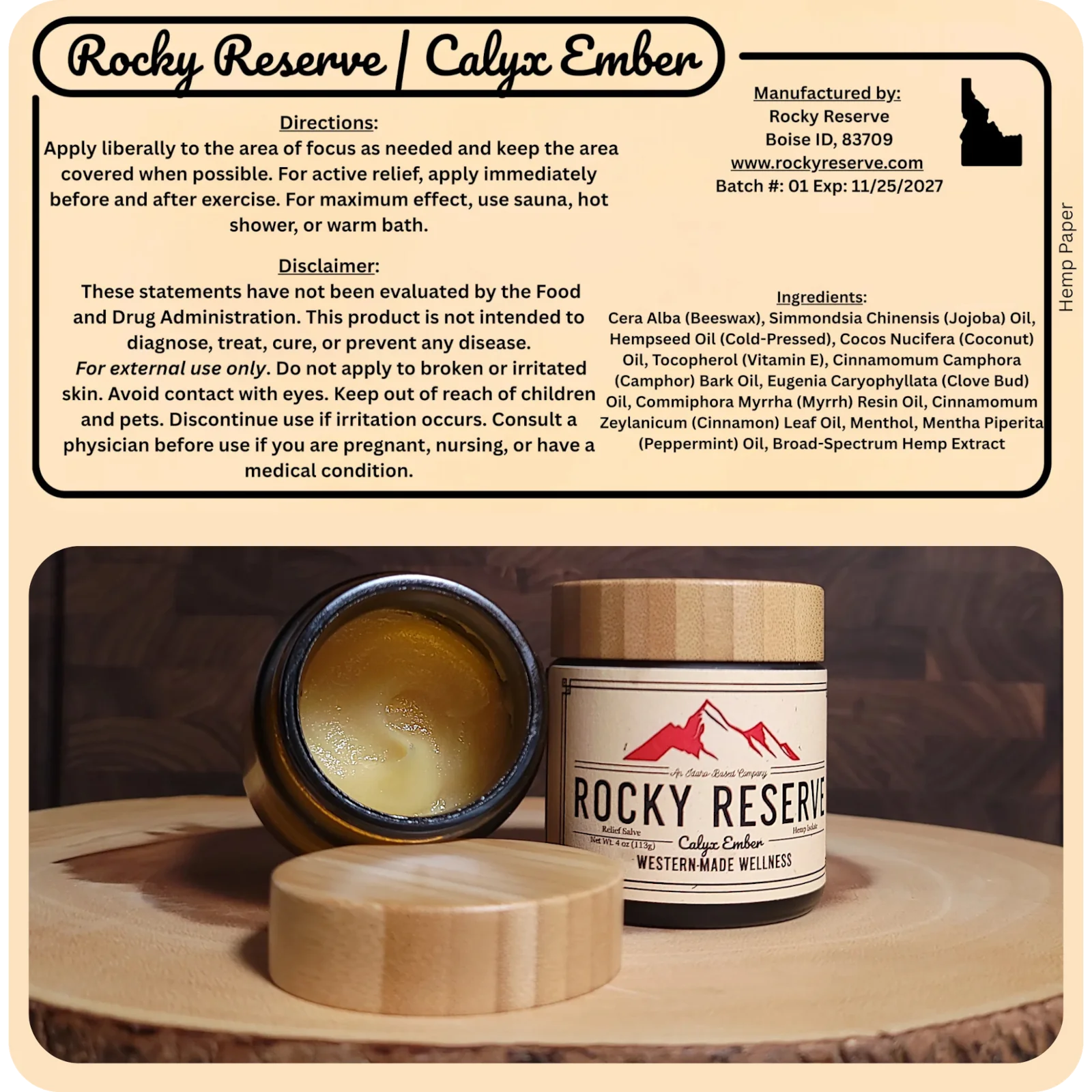 Rocky Reserve Calyx Ember product label with jar, container, and wooden lid on a wooden surface.
