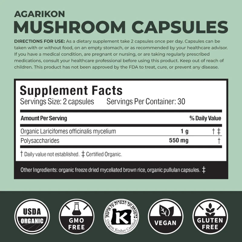 Label for Agarikon Mushroom Capsules with supplement facts and certification logos on a green background.