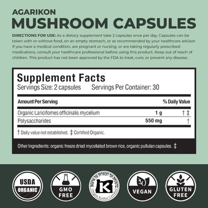 Label for Agarikon Mushroom Capsules with supplement facts and certification logos on a green background.