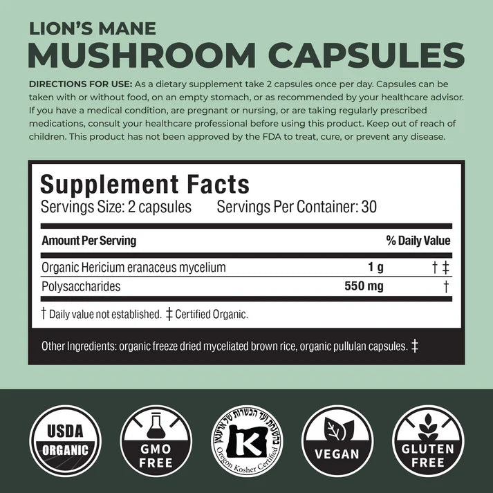 Supplement label for Lion's Mane Mushroom Capsules with directions and supplement facts on a green background.