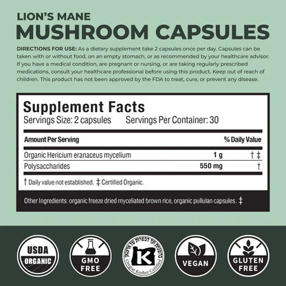 Supplement label for Lion's Mane Mushroom Capsules with directions and supplement facts on a green background.
