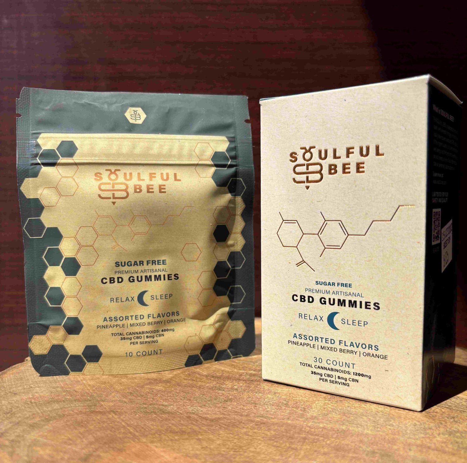 Soulful Bee CBD Gummies packaging on a wooden surface