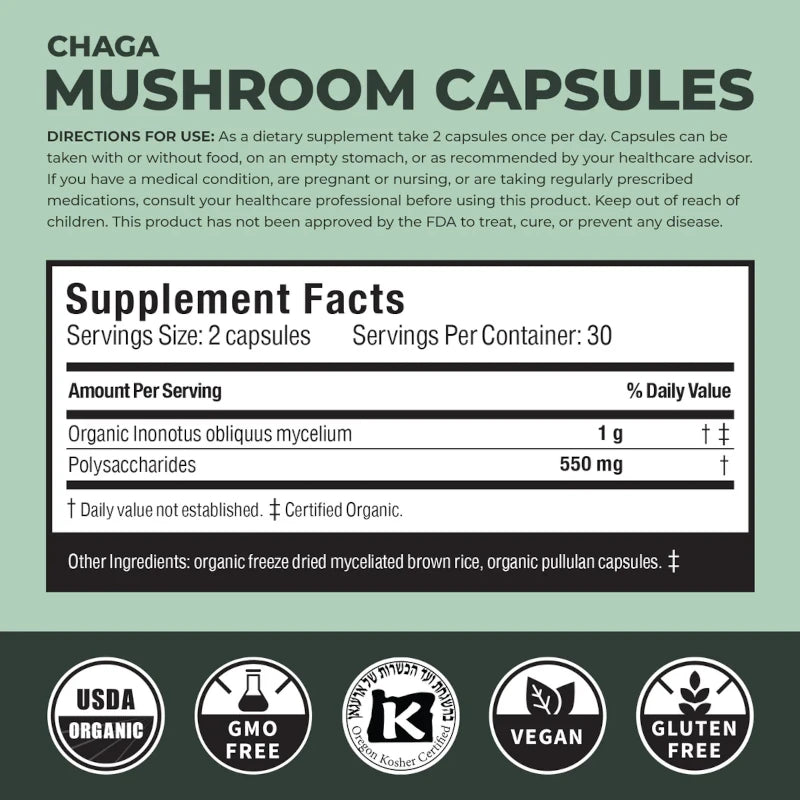 Supplement label for Chaga mushroom capsules with directions, supplement facts, and certification logos on a green background.