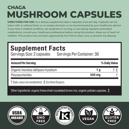 Supplement label for Chaga mushroom capsules with directions, supplement facts, and certification logos on a green background.