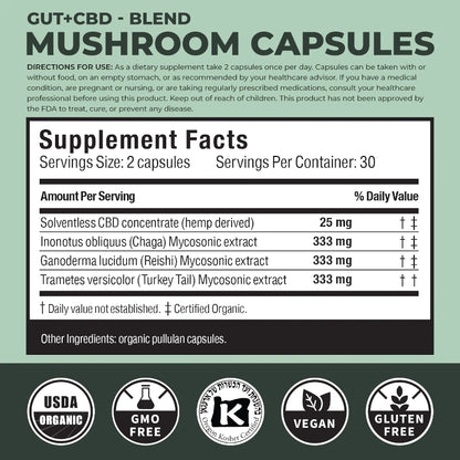 Supplement label for mushroom capsules with CBD with supplement facts and certification logos on a green background.