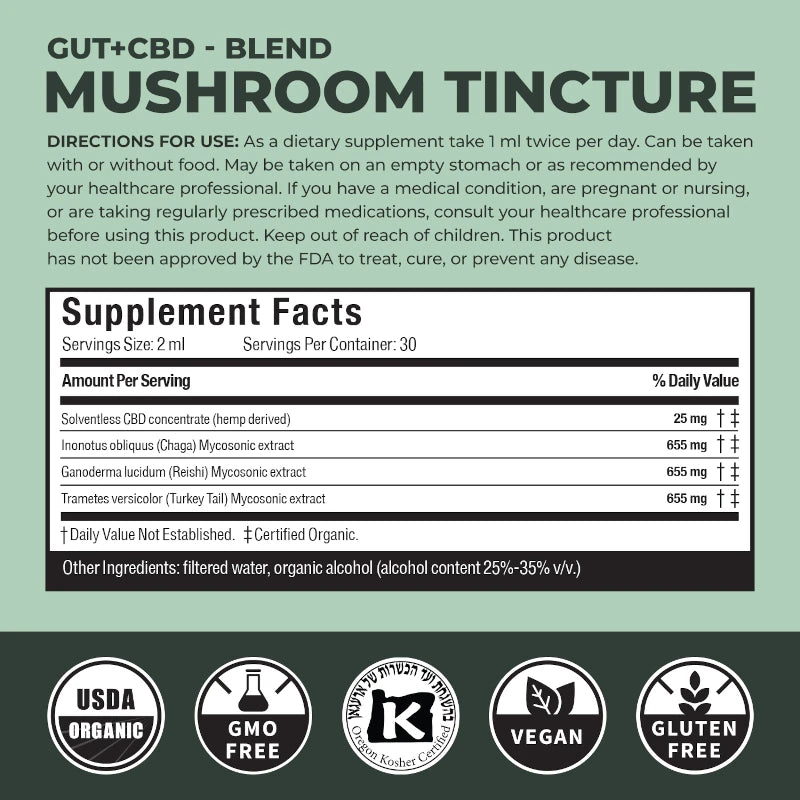 Mushroom tincture with CBD supplement label with directions and supplement facts on a green background.