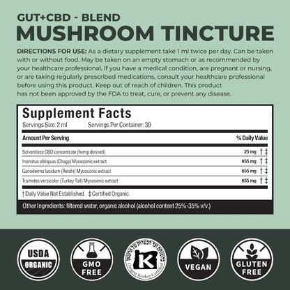 Mushroom tincture with CBD supplement label with directions and supplement facts on a green background.