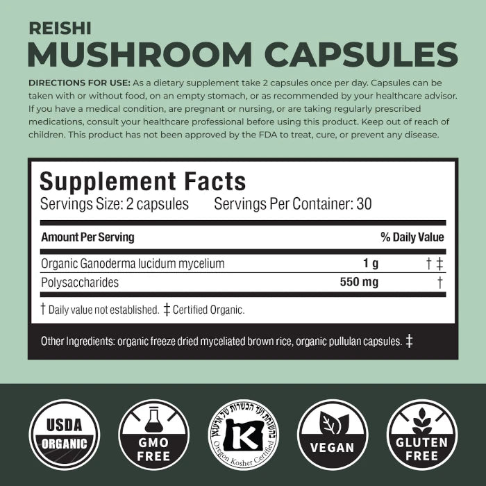 Supplement label for Reishi mushroom capsules with directions and supplement facts on a green background.