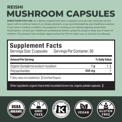 Supplement label for Reishi mushroom capsules with directions and supplement facts on a green background.
