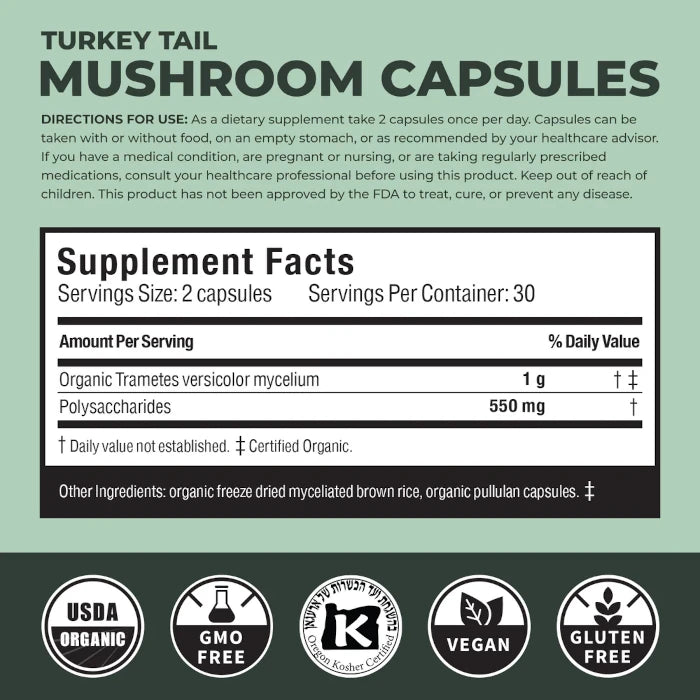 Supplement label for Turkey Tail Mushroom Capsules with supplement facts and certification logos on a green background.