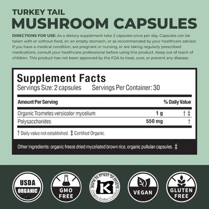 Supplement label for Turkey Tail Mushroom Capsules with supplement facts and certification logos on a green background.