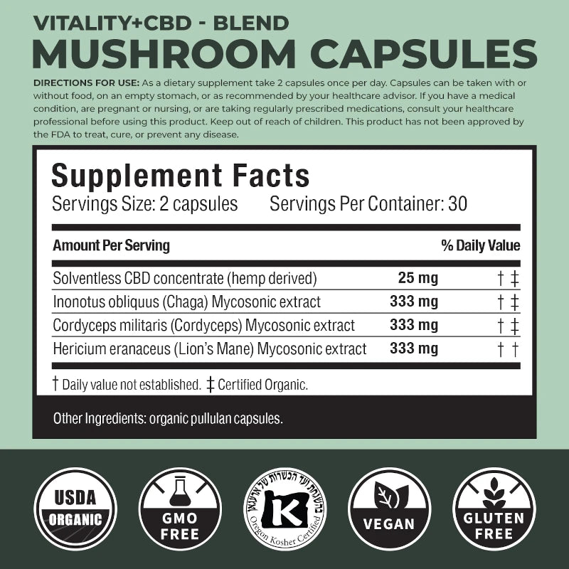Supplement label for Vitality+CBD Blend Mushroom Capsules with supplement facts and certification logos.