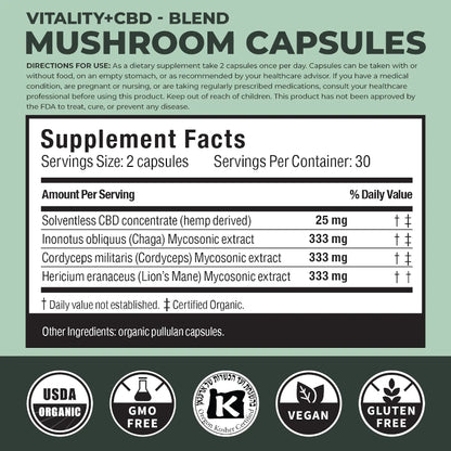 Supplement label for Vitality+CBD Blend Mushroom Capsules with supplement facts and certification logos.