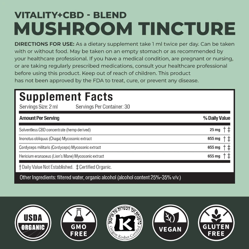 Mushroom tincture with CBD supplement label with directions and supplement facts on a green background.